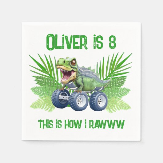 恐竜モンスタートラックパーソナライズされた誕生日 スタンダードカクテルナプキン (正面)