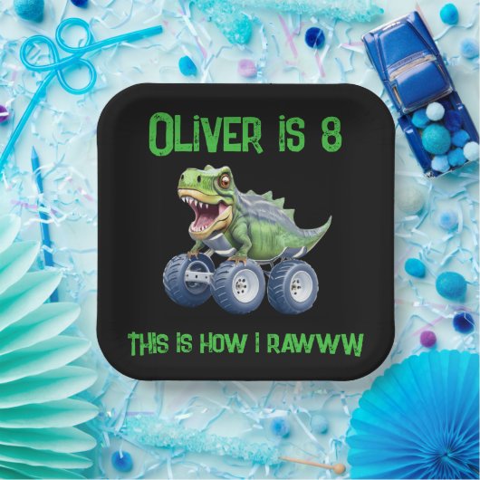 恐竜モンスタートラックパーソナライズされた誕生日 ペーパープレート (パーティー)