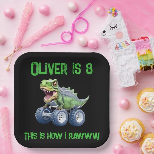 恐竜モンスタートラックパーソナライズされた誕生日 ペーパープレート (パーティー)