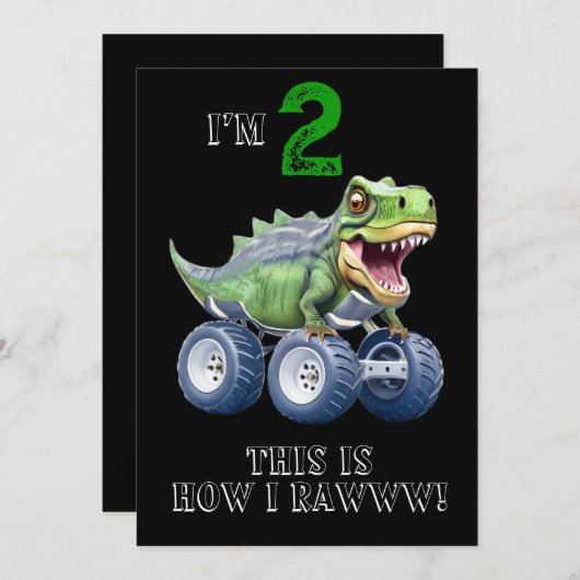恐竜モンスタートラックパーソナライズされた誕生日 招待状 (正面/裏面)