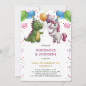 恐竜ユニコーンボーイガールジョイント兄弟姉妹誕生日 招待状 (正面)