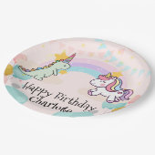 恐竜ユニコーン虹のグラデーション誕生日パーティー ペーパープレート (アングル)