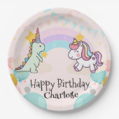 恐竜ユニコーン虹のグラデーション誕生日パーティー ペーパープレート (正面)