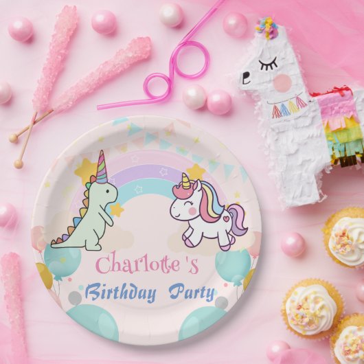 恐竜ユニコーン虹のグラデーション誕生日パーティー ペーパープレート (パーティー)
