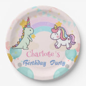 恐竜ユニコーン虹のグラデーション誕生日パーティー ペーパープレート (正面)
