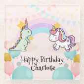 恐竜レインボーユニコーンのグラデーション誕生日パーティー ガラスコースター (正面)