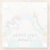 恐竜レインボーユニコーンのグラデーション誕生日パーティー ガラスコースター (裏面)