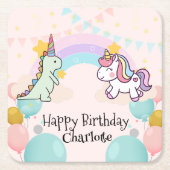 恐竜レインボーユニコーンのグラデーション誕生日パーティー スクエアペーパーコースター (正面)