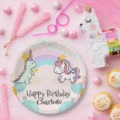恐竜レインボーユニコーンのグラデーション誕生日パーティー ペーパープレート (パーティー)