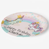 恐竜レインボーユニコーンのグラデーション誕生日パーティー ペーパープレート (アングル)