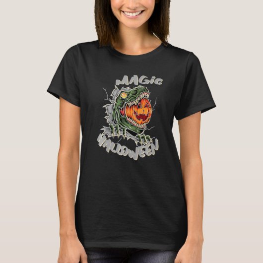 恐竜レックスカボチャ魔法ハロウィン Tシャツ (正面)