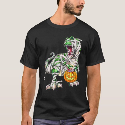 恐竜レックスミイラ怖いハロウィンカボチャ Tシャツ (正面)