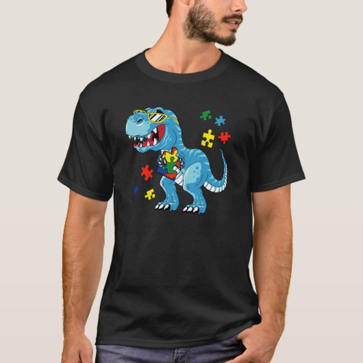 恐竜レックス自閉症啓発月間パズルピースS Tシャツ (正面)