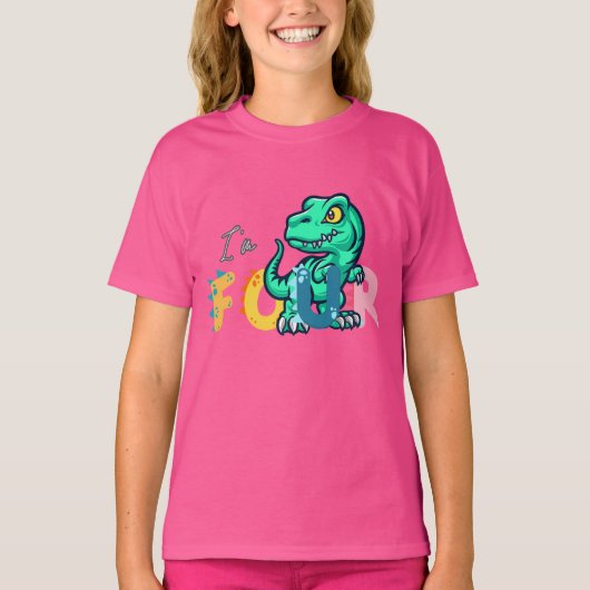 恐竜レックス４歳の誕生日ガール　新学期 Tシャツ (正面)