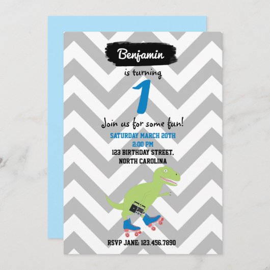 恐竜ローラスケートで滑る保持無線誕生日 招待状 (正面/裏面)