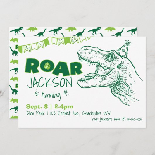 恐竜ロール誕生日招待状 招待状 (正面/裏面)