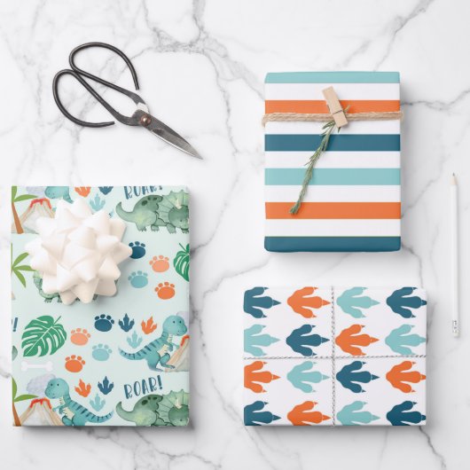 恐竜ロールTレックストリケラトプスのトラックストライプ数 ラッピングペーパーシート (正面)