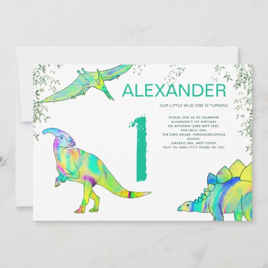 恐竜ワイルドワン水彩第一誕生日パーティー 招待状 (正面)
