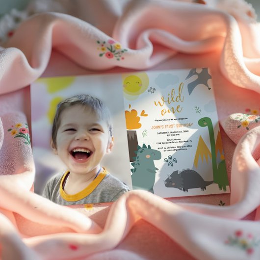 恐竜ワイルドワン1歳の誕生日の写真パーティー 招待状