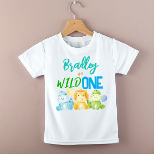 恐竜ワイルドワン1歳の誕生日カラフルかわいいパーティー ベビーTシャツ