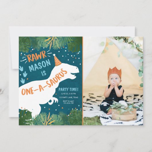 恐竜ワンアサウルスRAWR第1誕生日 招待状 (正面)