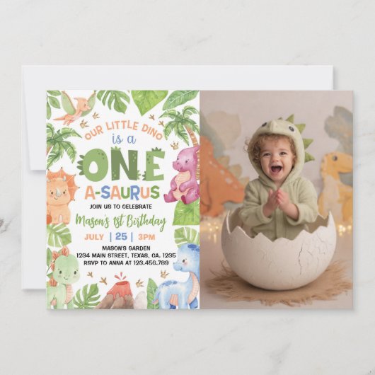 恐竜ワンサウルスの最初の誕生日の写真 招待状 (正面)