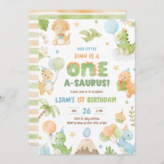 恐竜ワンサウルスの最初の誕生日パーティーの招待 招待状 (正面/裏面)