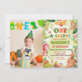 恐竜ワンサウルスの緑の最初の誕生日の写真 招待状 (正面)