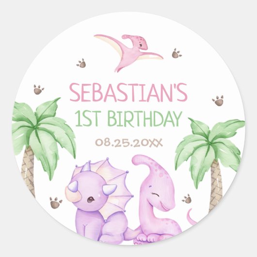 恐竜ワンサウルスガール1歳の誕生日パーティー ラウンドシール (正面)