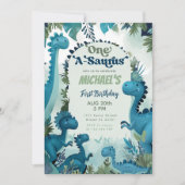 恐竜ワンサウルスボーイブルー1歳のパーティー 招待状 (正面)