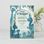 恐竜ワンサウルスボーイブルー1歳のパーティー 招待状 (スタンド正面)