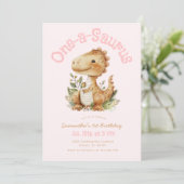 恐竜ワンサウルス1歳の誕生日パーティーガールピンク 招待状 (スタンド正面)