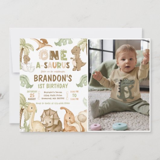 恐竜ワンサウルス1歳の誕生日パーティー写真 招待状 (正面)