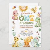 恐竜ワンサウルス1歳の誕生日招待状。 招待状 (正面/裏面)