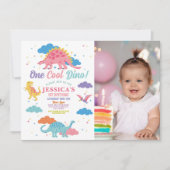 恐竜ワンレックスかわいい女の子1stピンクのパーティー写真 招待状 (正面)