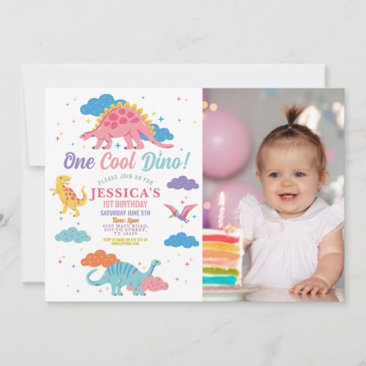恐竜ワンレックスかわいい女の子1stピンクのパーティー写真 招待状 (正面)