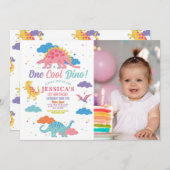 恐竜ワンレックスかわいい女の子1stピンクのパーティー写真 招待状 (正面/裏面)