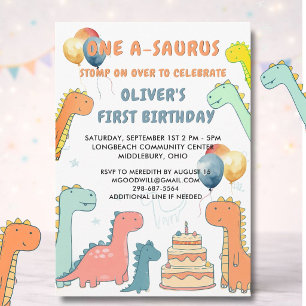 恐竜ワン・ア・サウルス男の子1歳の誕生日パーティー 招待状