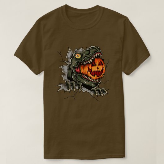 恐竜不気味の食べカボチャハッピーハローウィン Tシャツ (デザイン正面)