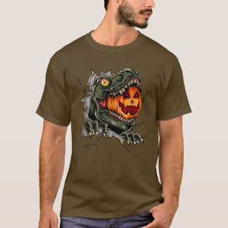 恐竜不気味の食べカボチャハッピーハローウィン Tシャツ