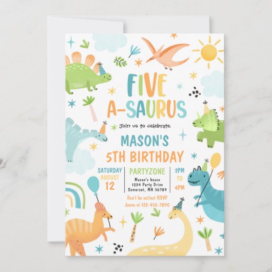 恐竜五つ星サウルスの五つ目の誕生日パーティー 招待状 (正面)