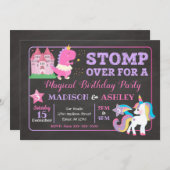 恐竜及びユニコーンの共同誕生日の招待状の女の子 招待状 (正面/裏面)