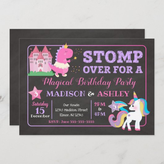 恐竜及びユニコーンの共同誕生日の招待状の女の子 招待状 (正面/裏面)