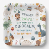 恐竜坊やの1歳の誕生日おめでとう Stomp Chomp Rawr ペーパープレート (正面)