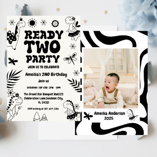 恐竜好きな女の子のための2歳の誕生日パーティー 招待状