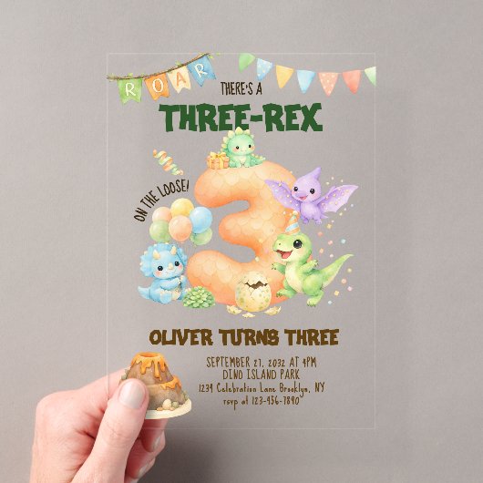 恐竜好きな3歳の誕生日お祝いに Three-Rex Dino アクリル招待状 (インサイチュ (ポータブル))