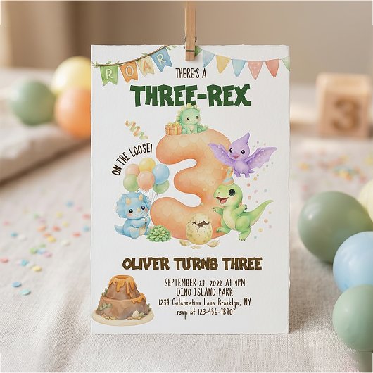 恐竜好きな3歳の誕生日お祝いに Three-Rex Dino 招待状