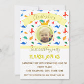 恐竜子供の誕生日パーティー男の赤ちゃん写真黄 招待状 (正面)