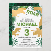 恐竜子供の誕生日金ゴールドディノスレックスボーイ 招待状 (正面/裏面)