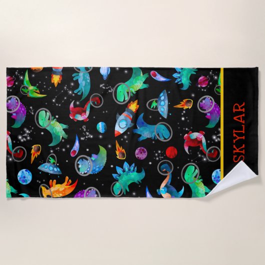恐竜宇宙飛行士の水彩宇宙パーソナライズされた ビーチタオル (正面)
